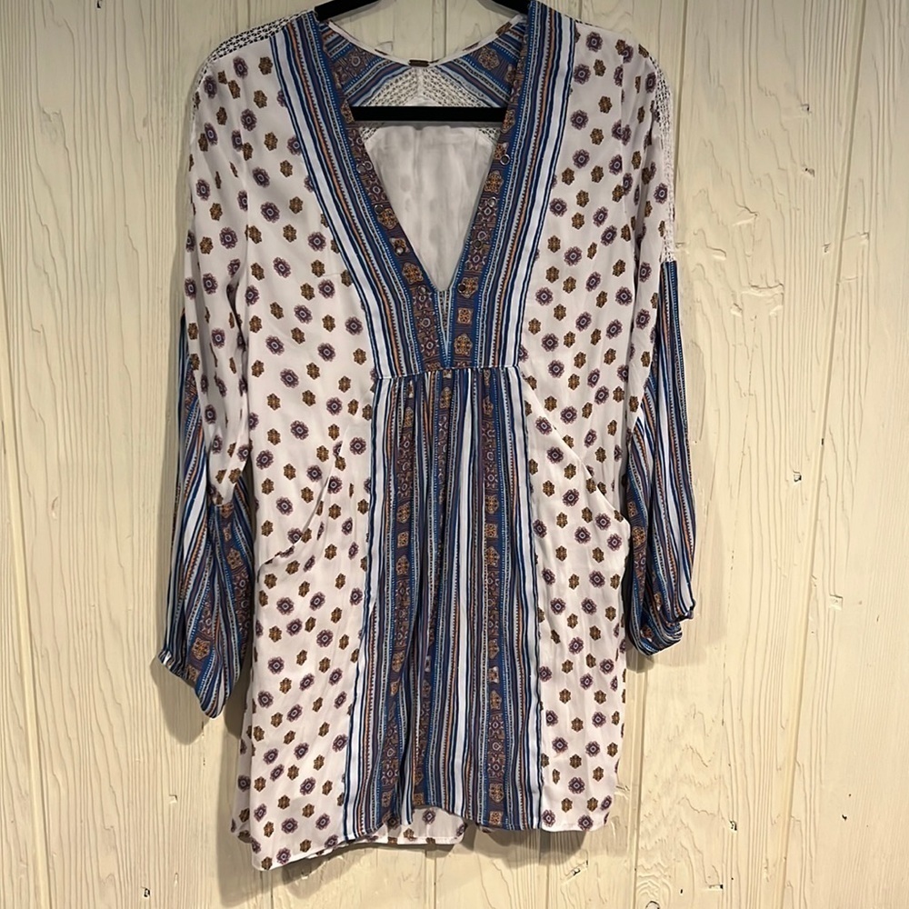Free People Boho Tunic Crochet Metal Studs Bubble Sleeves